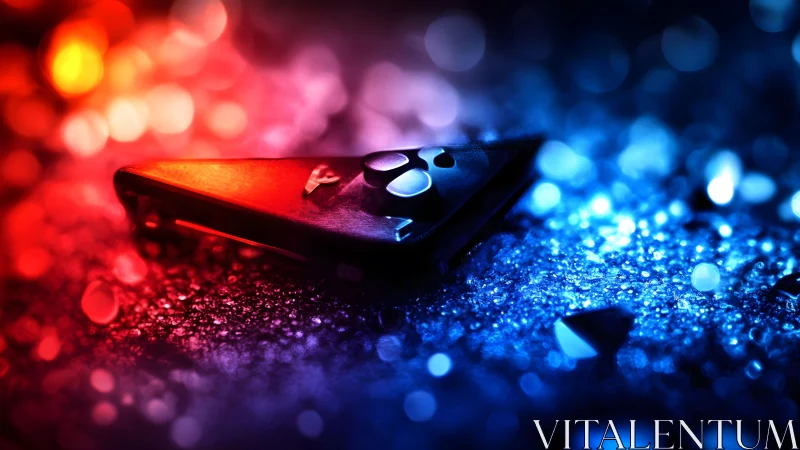 Futuristic game controller on glittery surface, vibrant neon lighting.