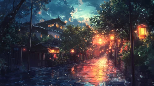 Rain-soaked lantern street in stylized evening cityscape.