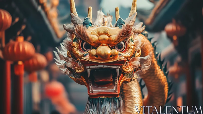 Golden dragon head sculpture centered in shallow depth of field