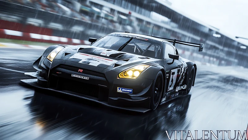 Rain-slicked GT racer carves luminous arcs through wet tarmac