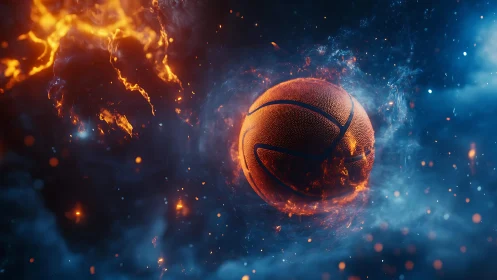 Cosmic firestorm cradles a blazing basketball in frozen motion
