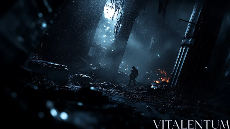 Lone wanderer exploring a rain soaked, ruined city street.