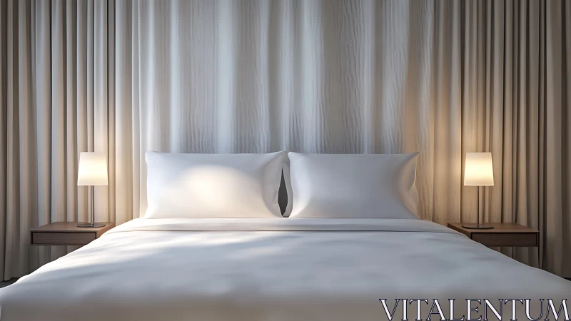 Minimalist double bed with neutral curtains and lamps.