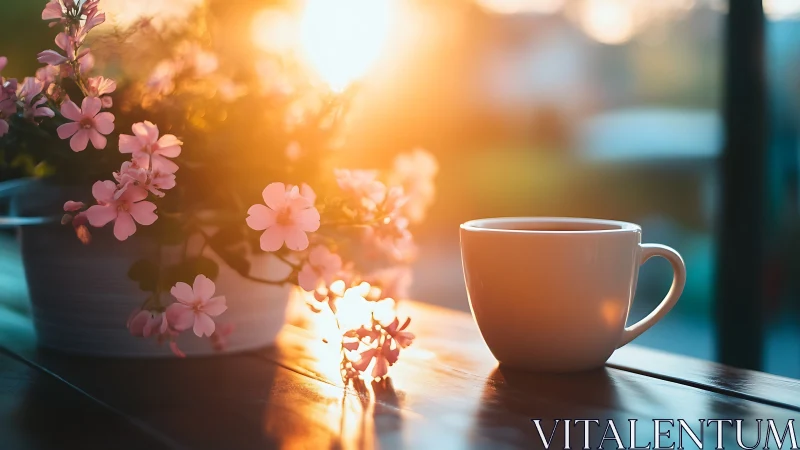 Sunlit morning coffee beside gentle pink flowers on wood.