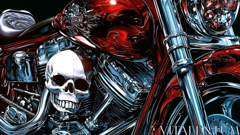 Chrome bones grin beneath a blood-red roaring motorcycle