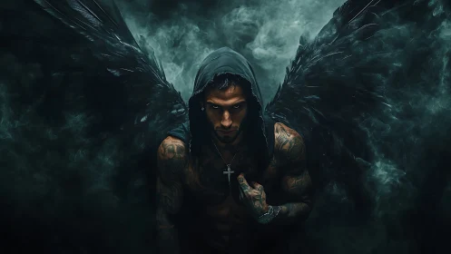 Dark winged figure in hooded cloak amid swirling smoke.