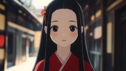 Anime portrait of kimono-clad girl in shallow-depth courtyard