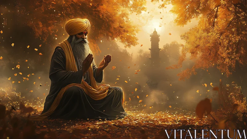 Autumn forest monk in meditative posture under volumetric golden light
