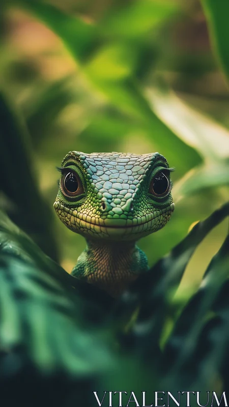 Wide-eyed jungle gecko peeking through emerald leaves.