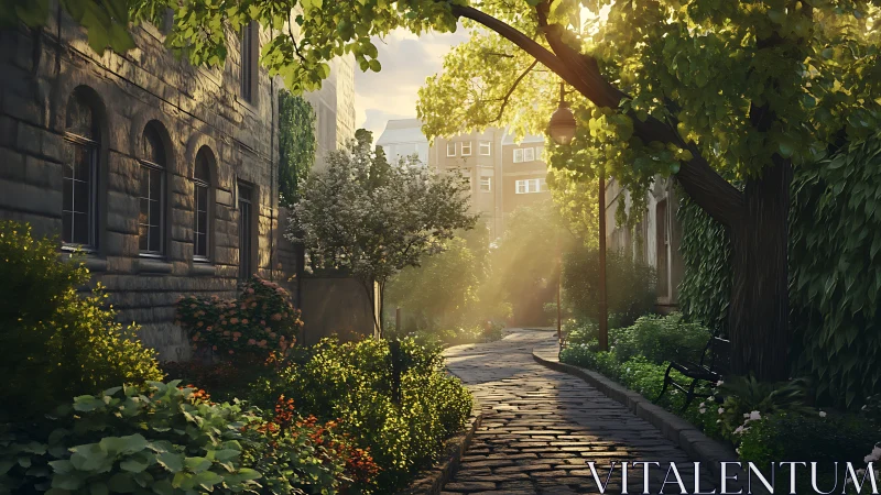 Sunlit cobblestone garden path beside old city buildings.