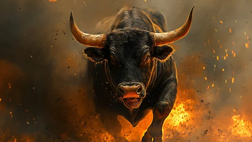 Charging bull erupting through swirling firestorm clouds.