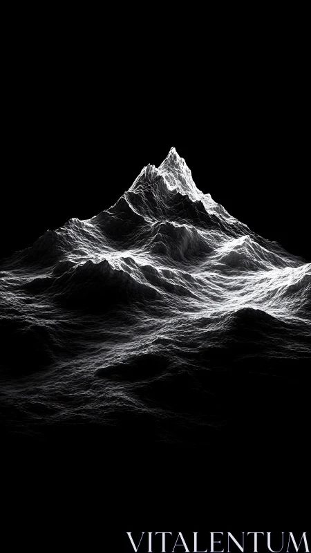 Monochrome abstract terrain peak rendered on black background.