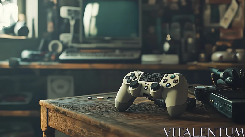 Game controller rests in a nostalgic, softly lit room