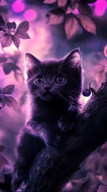 Ethereal Black Kitten Perched Among Neon Foliage and Luminescent Berries