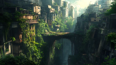 Overgrown urban canyon with collapsed bridge remnant.