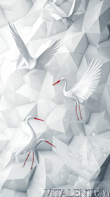 Origami-white cranes gliding across faceted ice planes.