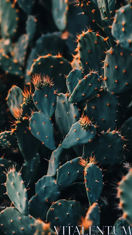 Prickly pear cactus cluster under warm sunset light.