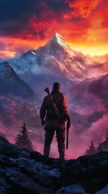 Bold adventurer gazes toward a blazing, snowcapped summit