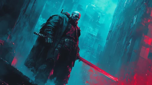 Cyberpunk swordsman in neon-lit alleyway, red plasma blade