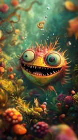 Cartoon pufferlike fish in dense colorful reef habitat.