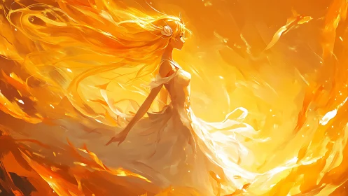 Female figure in white dress amid swirling orange light.