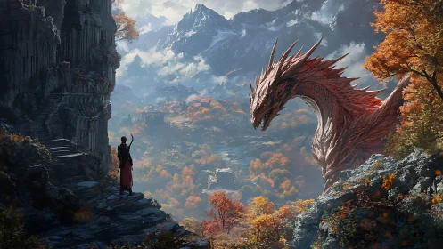 Red dragon confronts cloaked wanderer in vast autumn valley