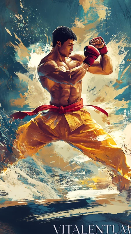 Martial artist explodes forward in dynamic painted motion.