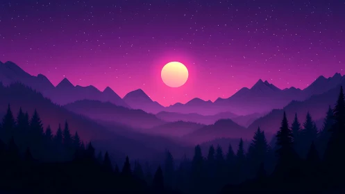 Neon dusk mountains with glowing full moon over forested valley.
