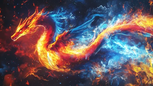 Fiery cosmic dragon swirling through vibrant blue flames.
