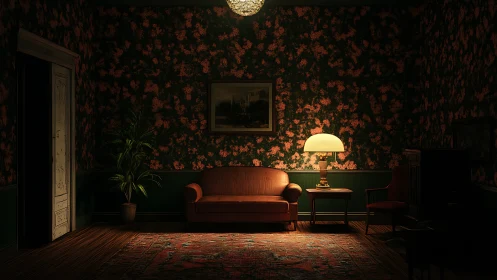 Moody vintage sitting room with focused lamplight composition.