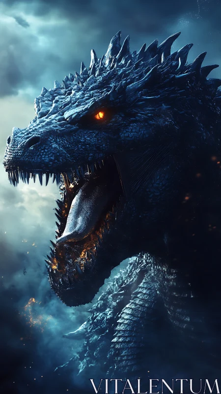 Roaring dragon emerges from stormlit smoke in blazing rage