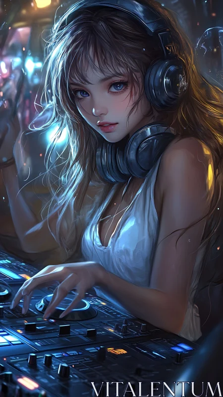 Nightclub DJ girl at mixer with vivid neon lighting.