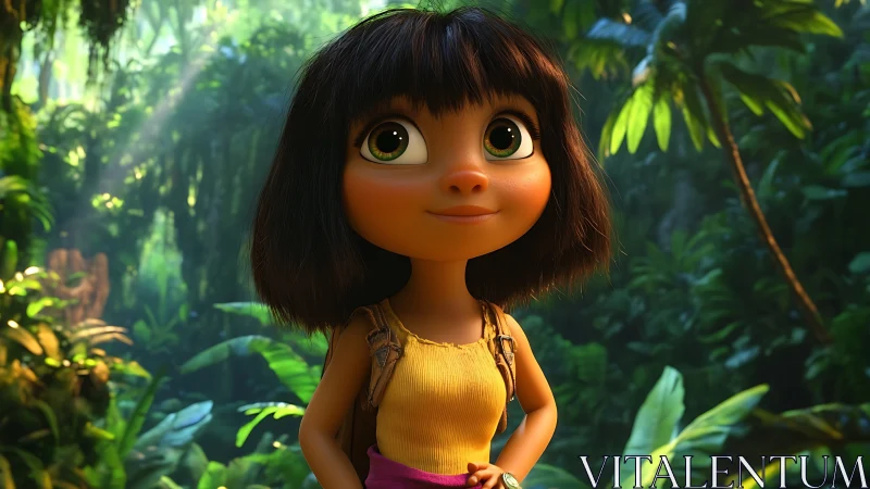Wide eyed girl explorer in lush sunlit tropical rainforest