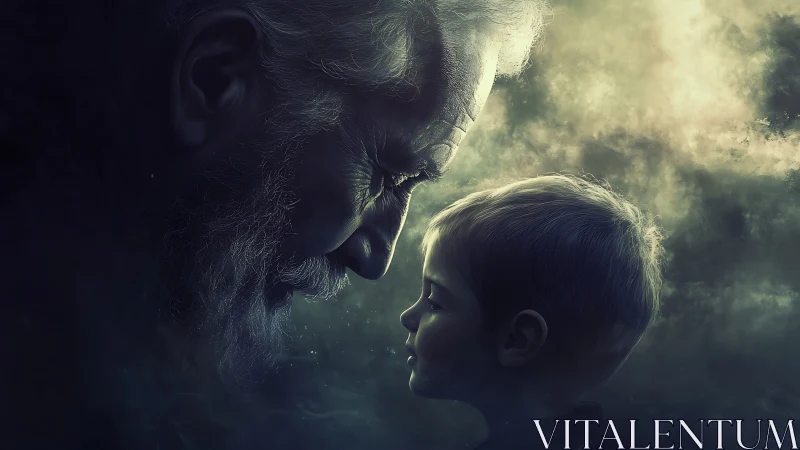 Elderly man and young boy facing each other in misty light.