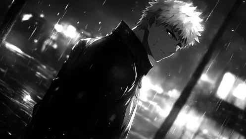 Lone anime figure walks through rainlit urban night street