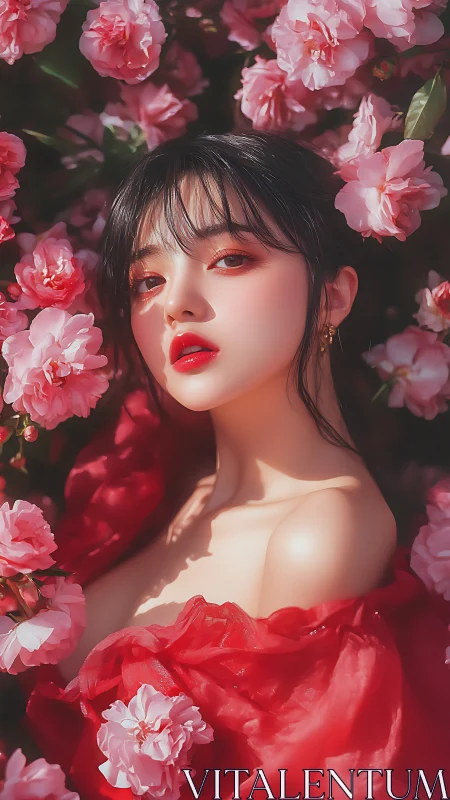 High-saturation portrait of stylized woman framed by dense pink blooms