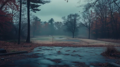 Foggy golf green with wet path and bare autumn trees.