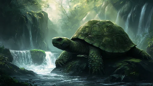 Large turtle occupies foreground within misty waterfall gorge