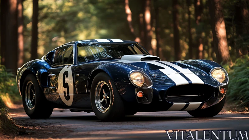 Forest road daydream with a classic racing blue sports car.