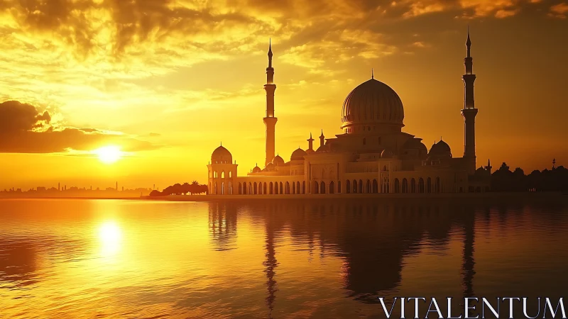 Sunlit mosque silhouette reflects across calm golden water