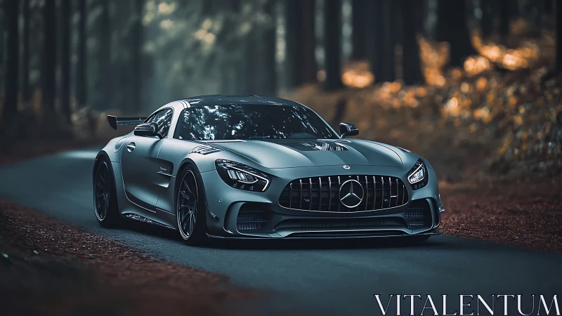 Forest-bred silver supercar prowls a misty twilight road.