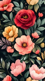 Layered Botanical Composition: Deep Crimsons and Warm Blossoms on Dark Ground.