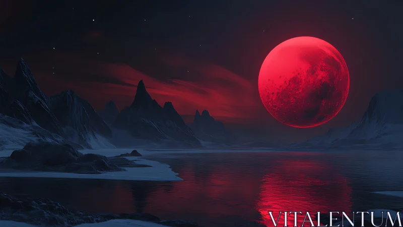 Red moon dominates icy alien coastline at night sky