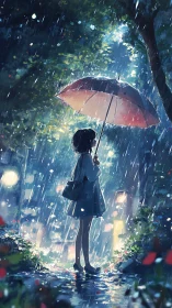 Quiet city rain with a thoughtful girl under pastel light.