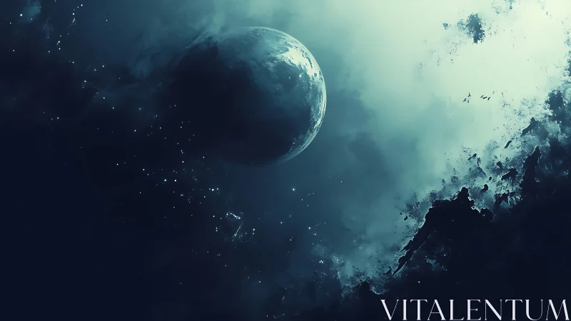 Distant planet with nebula clouds in deep space environment.