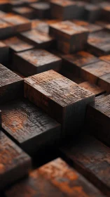 Rust-kissed timber cubes rise in a staggered wooden maze.