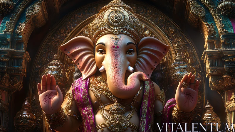 Radiant Ganesha statue surrounded by glowing temple gold.