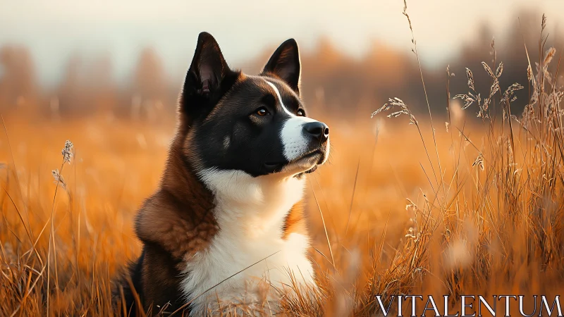 Autumn field portrait of tricolor dog in warm golden light.