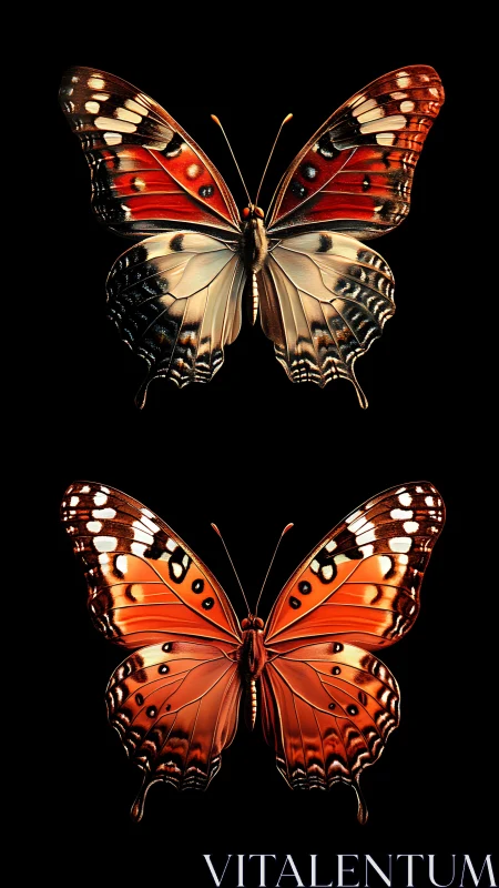 Two detailed orange butterflies on black background.