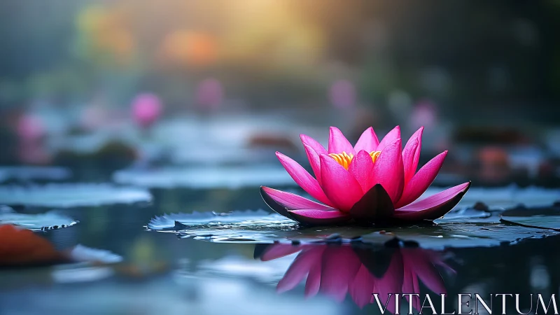 Pink water lily glows over still pond under soft sunrise light